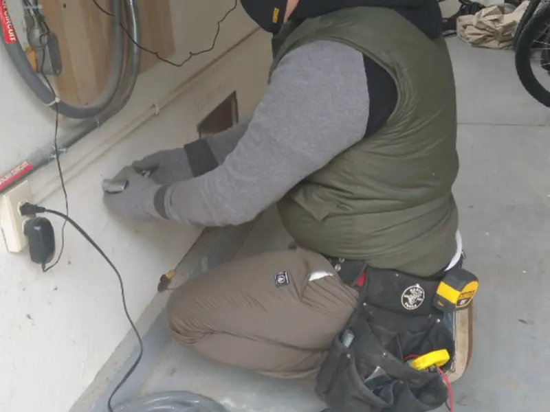 Electrician performing outlet wiring in a Estelle garage